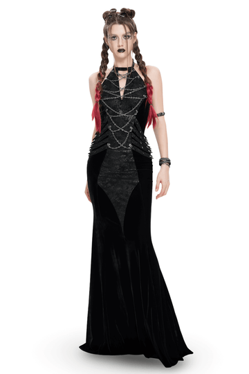 Velvet Gothic Maxi Dress with Chains and Halter Neck